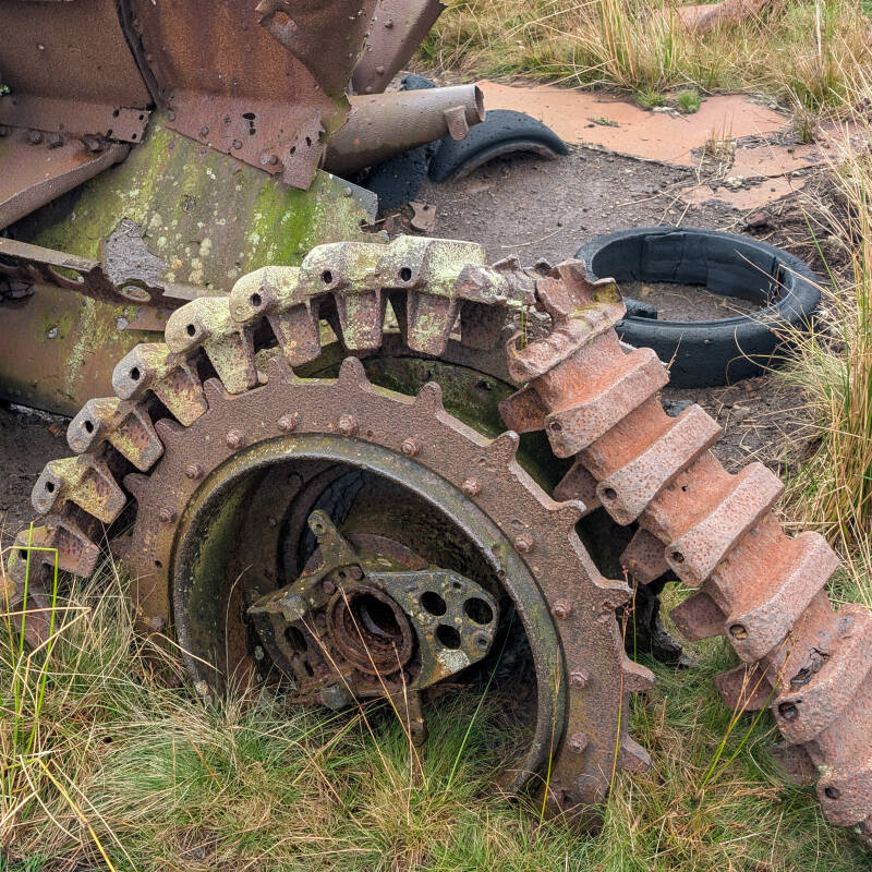 Sprocket, road wheels and track remains on the Cotherstone Moor tank wreck