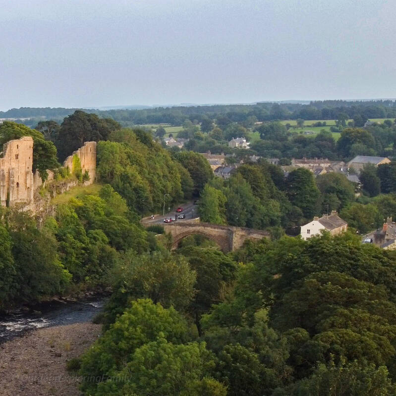 Barnard Castle and County Bridge viewed from above the River Tees.