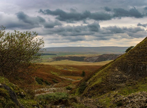 Wide open fields and moorland views towards Cronkley Fell on the White Force walk