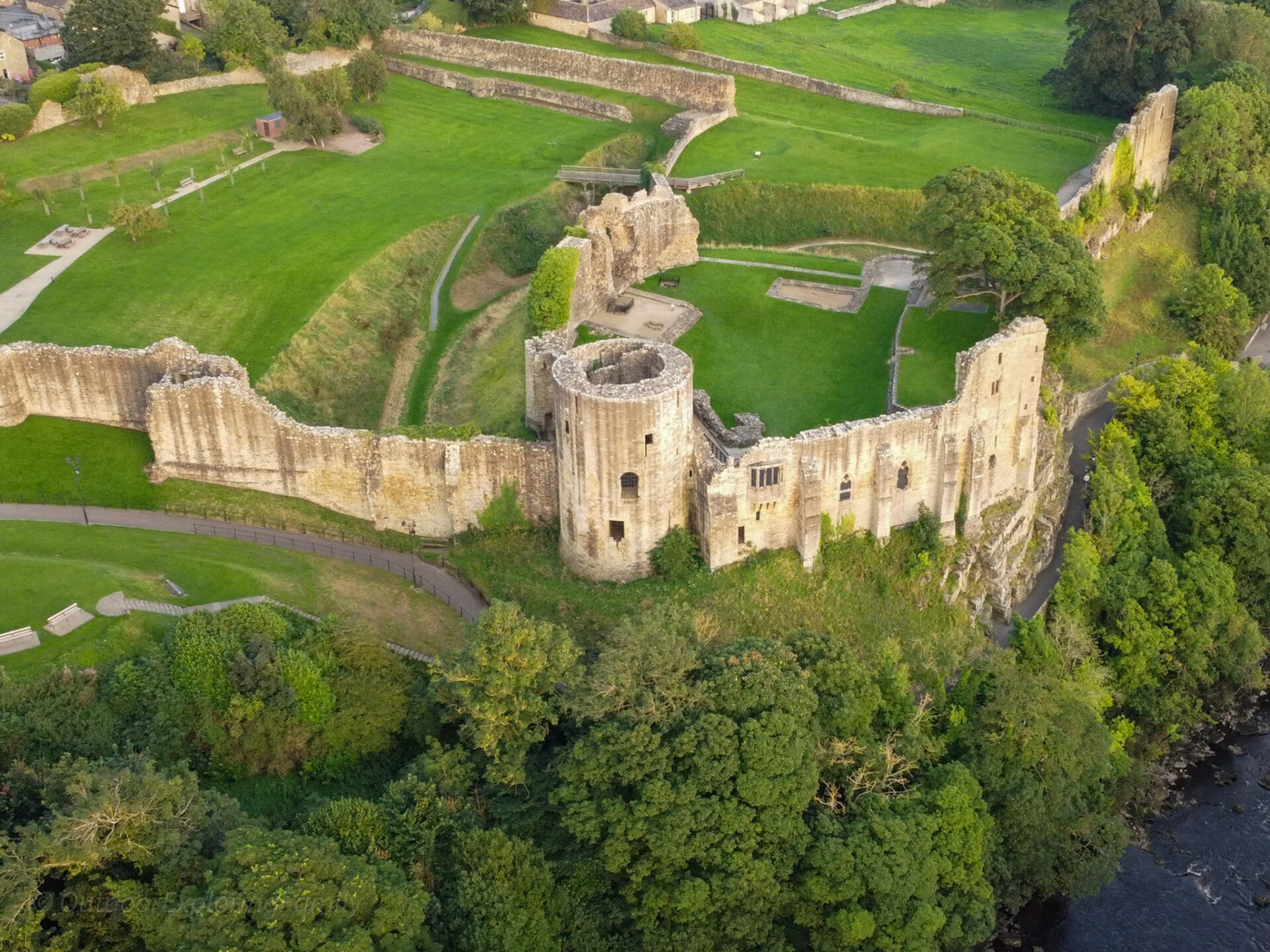 Aerial view of Barnard Castle and the Round Tower linked to Frank Shield, the famous Victorian castle hermit