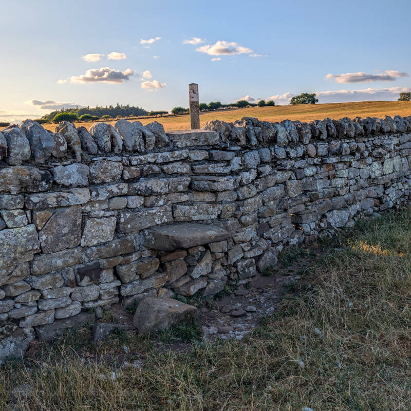Stone stile built into a dry-stone wall on the Meeting of the Waters North Bank walk near Egglestone Abbey