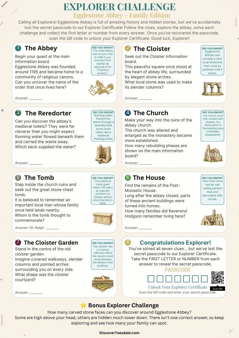 Printable Egglestone Abbey Explorer Challenge with seven family history clues and Explorer Certificate passcode puzzle.