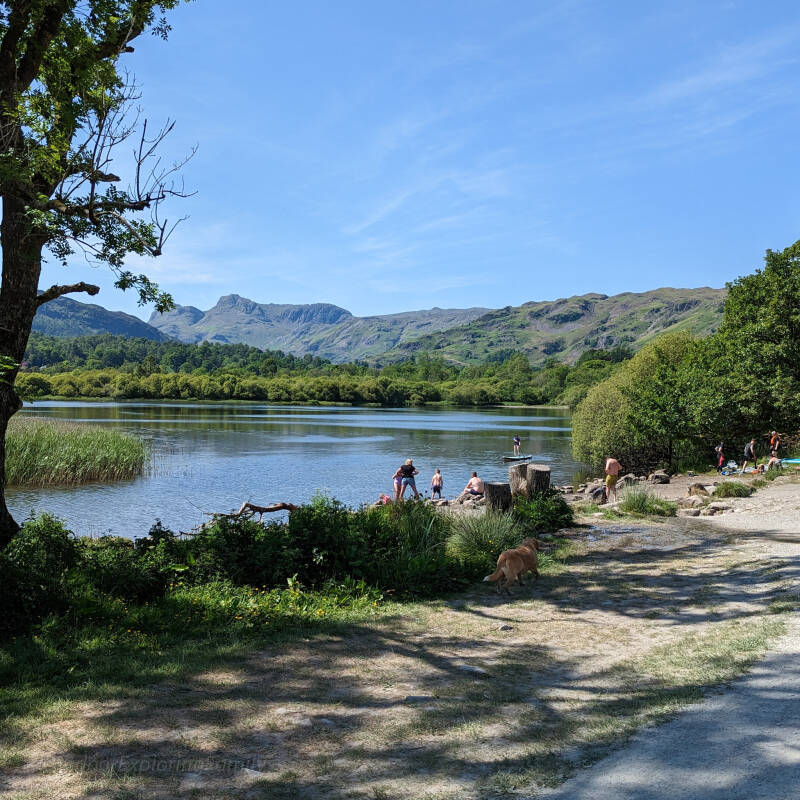 Families enjoying Elter Water with views towards the Langdale Pikes on the easy walk from Elterwater to Skelwith Force.
