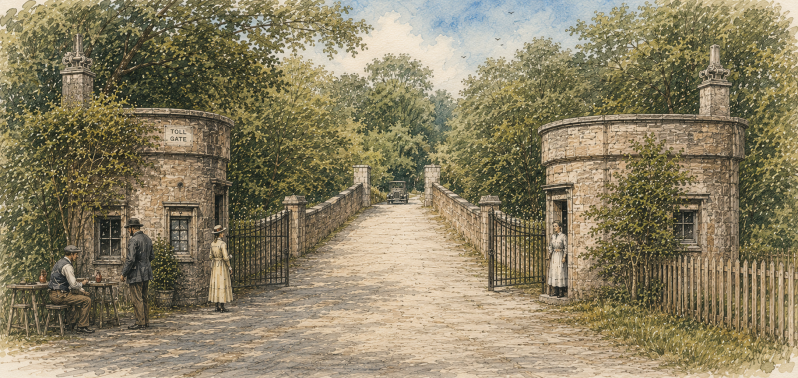 Artist's impression showing the former Abbey Bridge toll houses and bridge entrance during the early twentieth century.