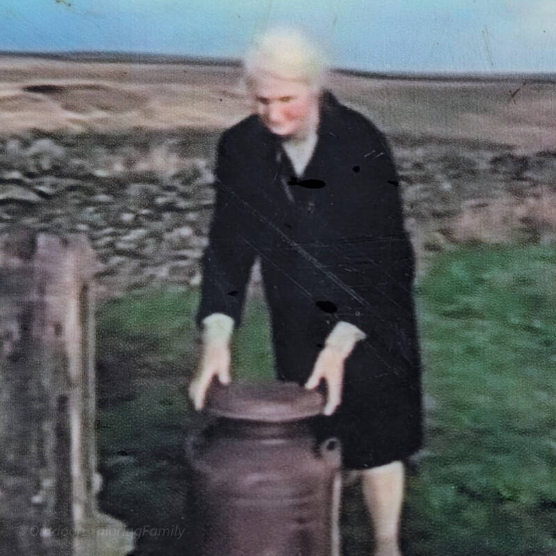 Historic photograph of Hannah Hauxwell carrying out farm work at Low Birk Hatt in Baldersdale, Teesdale