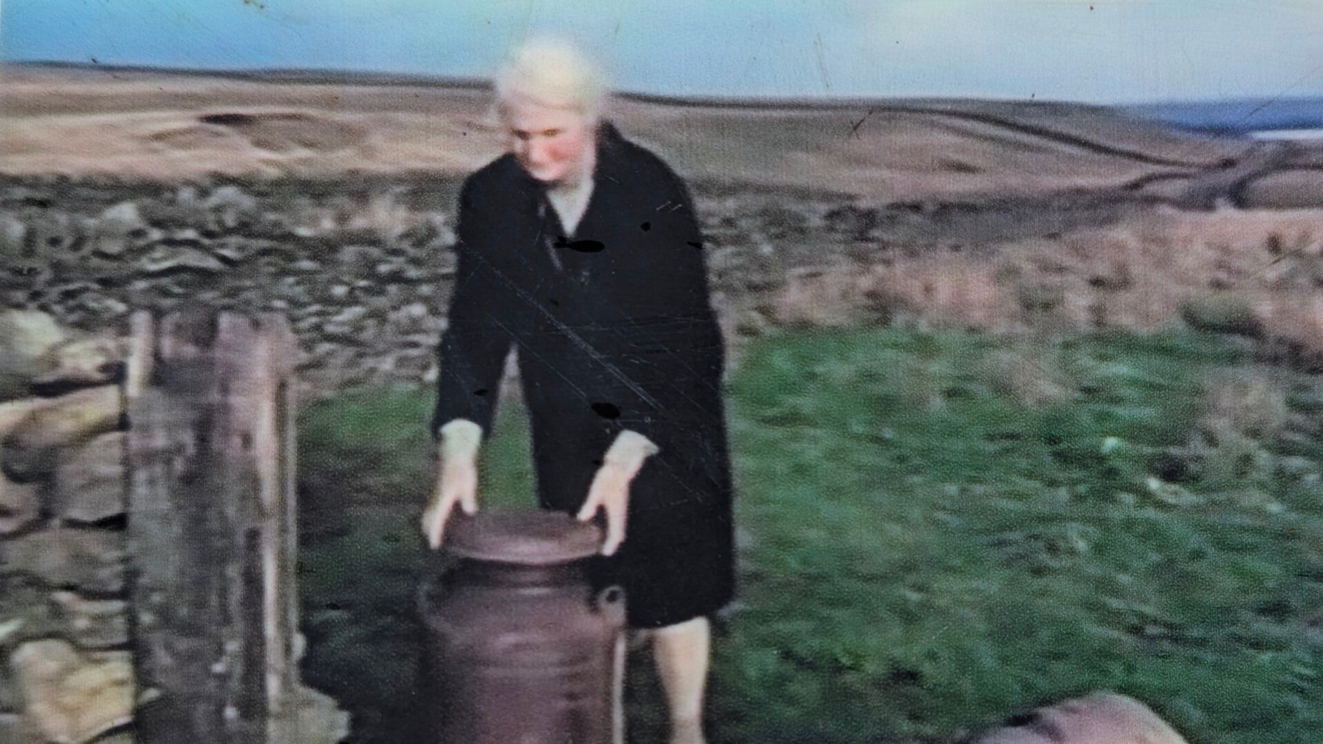Hannah Hauxwell outside Low Birk Hatt Farm in Baldersdale, Upper Teesdale
