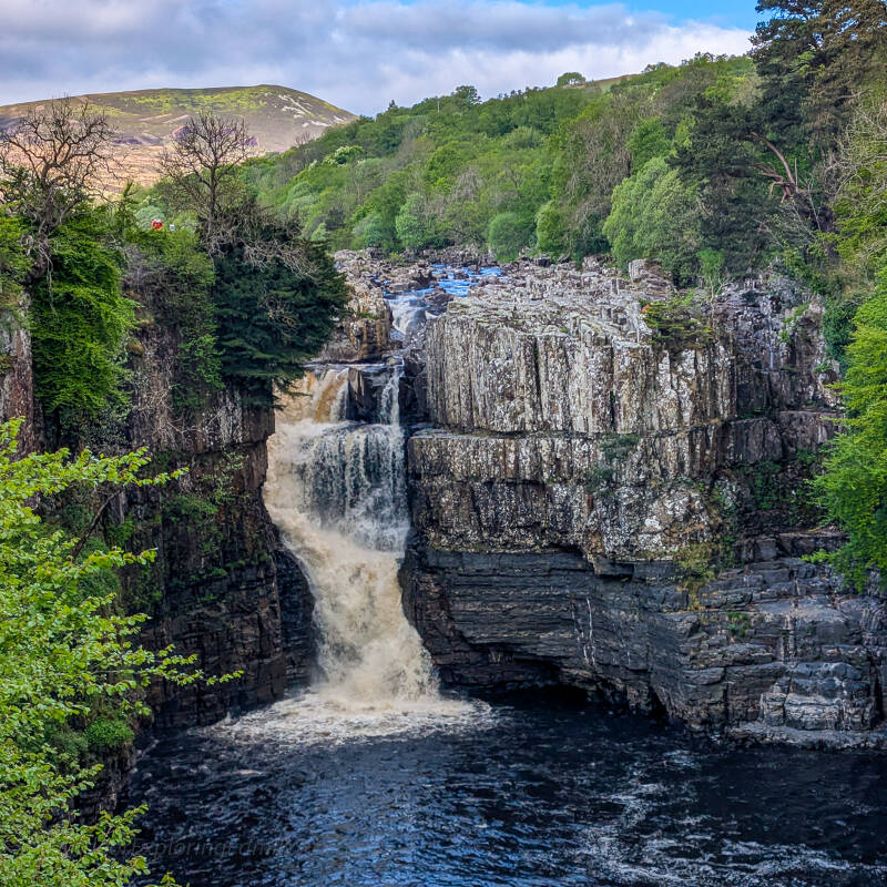 High Force waterfall plunging into the deep gorge of the River Tees surrounded by Whin Sill cliffs in Upper Teesdale