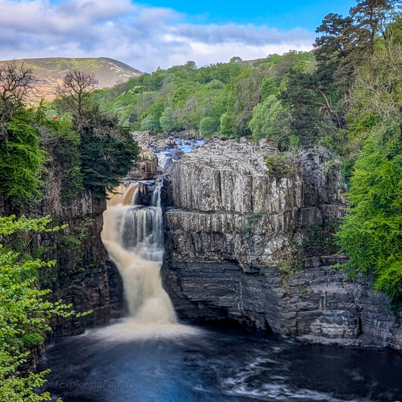 High Force waterfall on the River Tees in Upper Teesdale viewed from the public riverside path