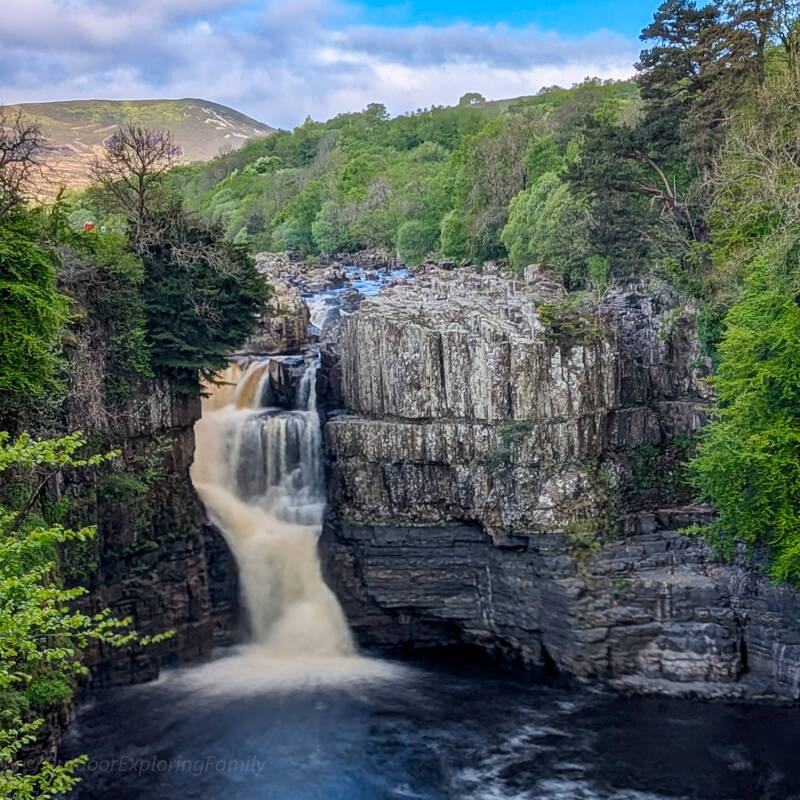 High Force Waterfall viewed from the official riverside viewpoint on the Bowlees to High Force walk in Teesdale