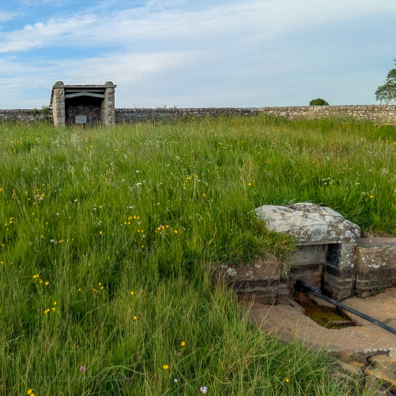 Hidden historic spring at Red Well Barnard Castle showing iron rich water flowing from the old stone trough beneath the hillside