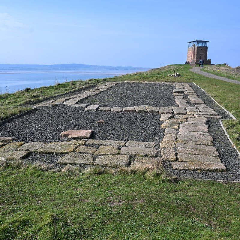 Historic remains on the Heugh with Holy Island Lookout Tower overlooking the Lindisfarne coast