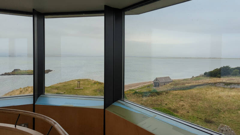 Inside Holy Island Lookout Tower with panoramic windows overlooking the Lindisfarne coastline
