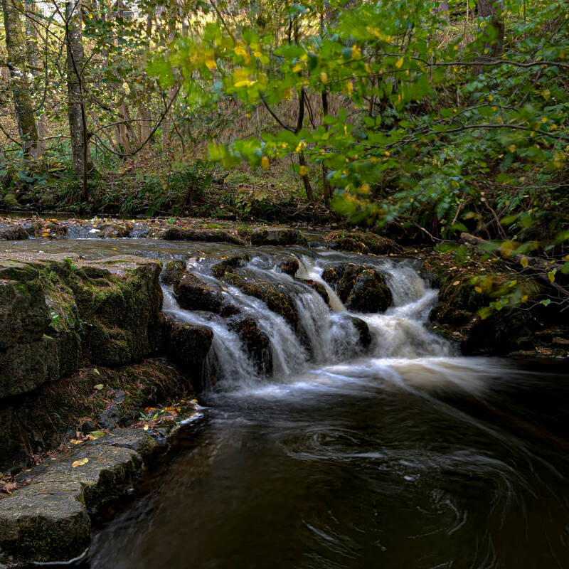 Small waterfall cascading over moss-covered rocks along Hudeshope Beck on the King's Walk near Middleton-in-Teesdale.