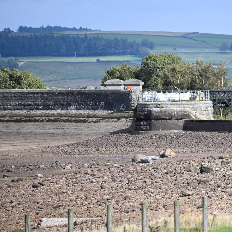 Dam-side stone structure and exposed reservoir floor at Hury Reservoir during the 2026 works