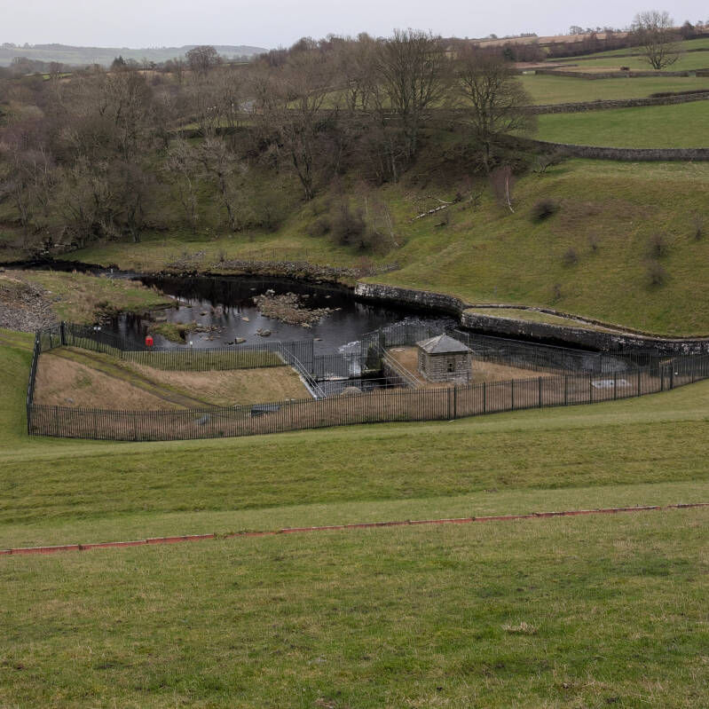 Outlet works and River Balder below Hury Reservoir dam in Baldersdale