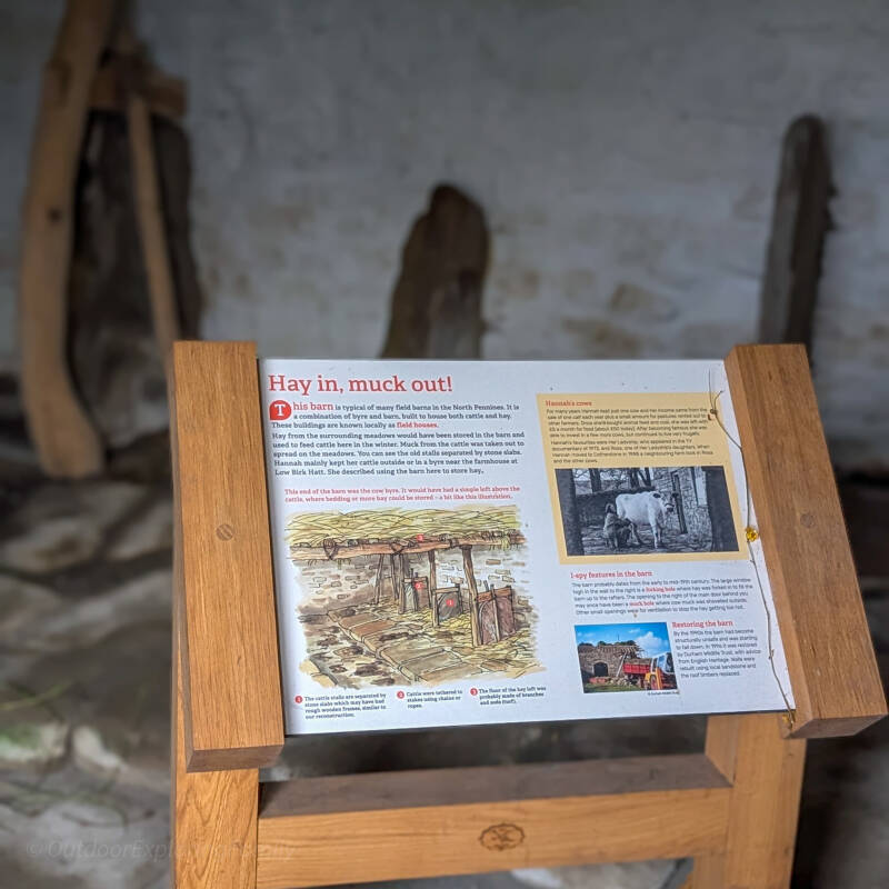 Traditional farming display and interpretation board inside Hannah's Barn at Hannah's Meadow, Baldersdale