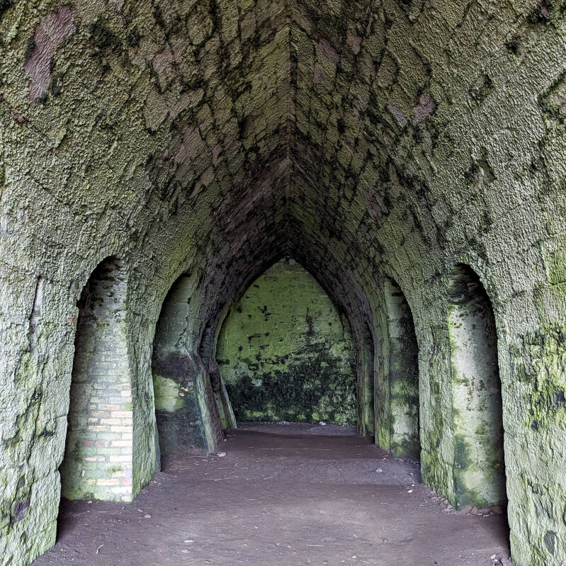 Inside the arched stone passages beneath the Victorian lime kilns on Holy Island