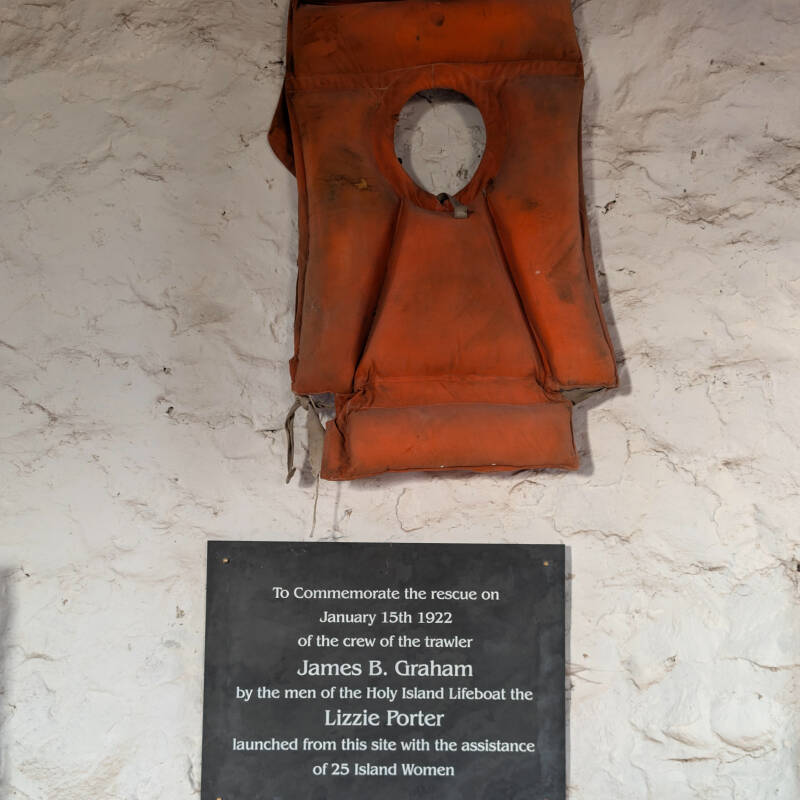 Memorial inside Holy Island Lifeboat Museum to the 1922 James B. Graham rescue by the Lizzie Porter and 25 Holy Island women who helped launch the lifeboat.