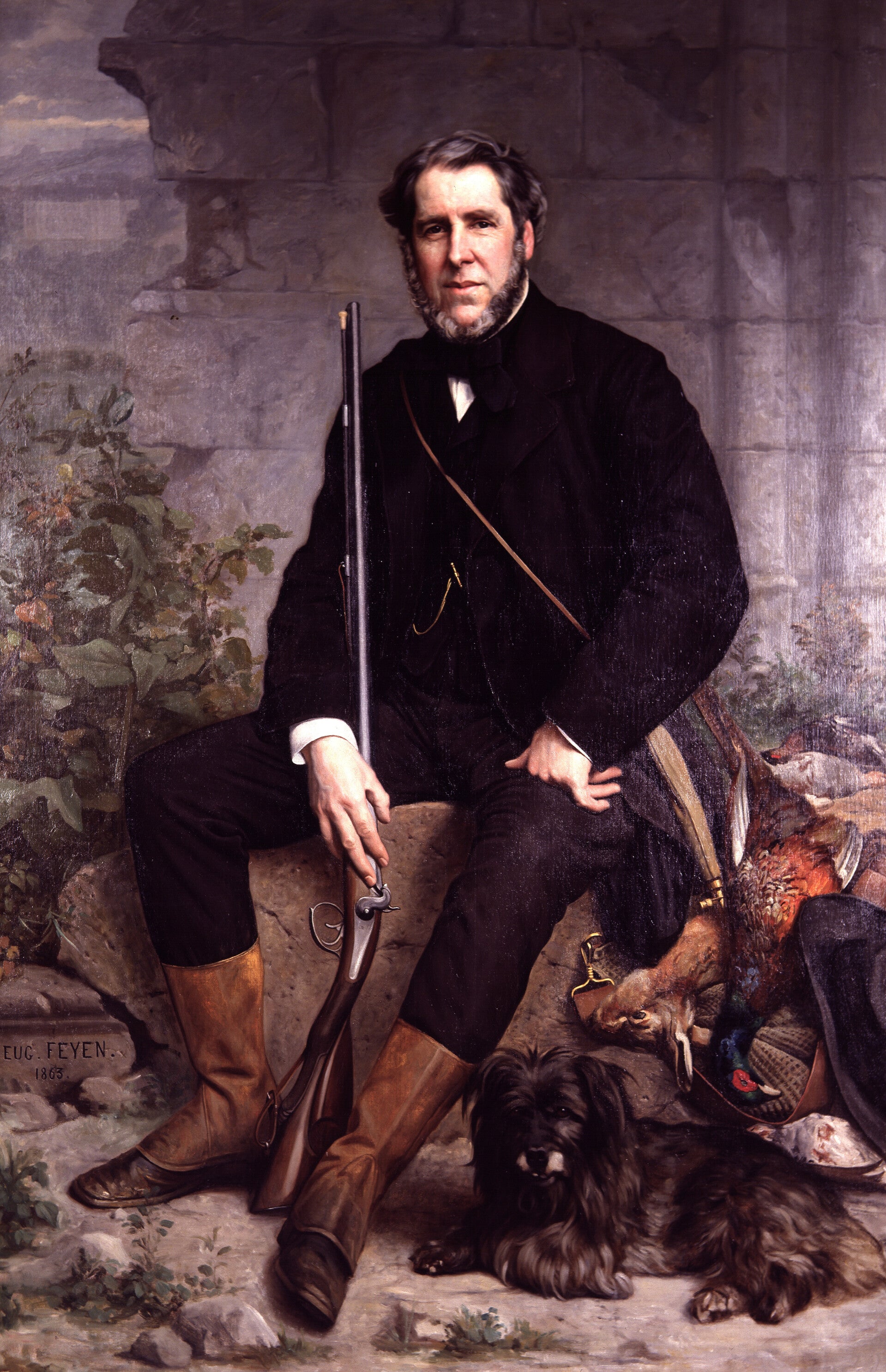 A classical oil painting depicting a seated man dressed in dark hunting attire with brown boots, holding a rifle, accompanied by a small black dog lying at his feet. The background features a stone wall and a dead fox and birds, highlighting themes of hun
