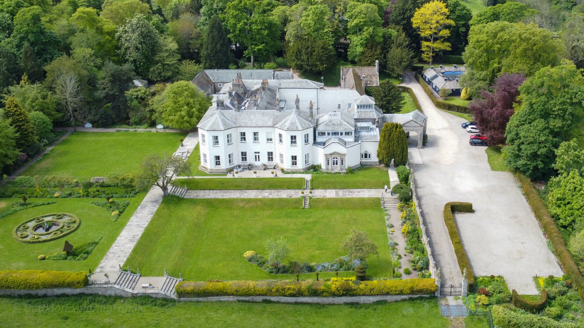Aerial view of Lartington Hall near Barnard Castle in Teesdale, historic home of Henry Witham and the Witham family.