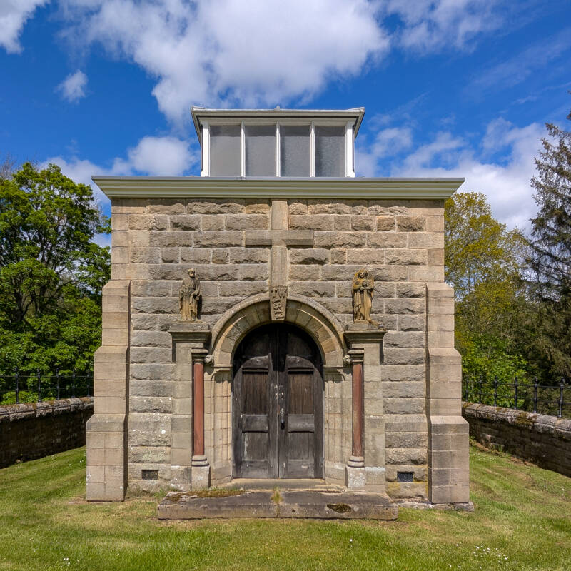 Historic mausoleum beside Lartington Hall near Barnard Castle in Teesdale with stone architecture and peaceful surroundings