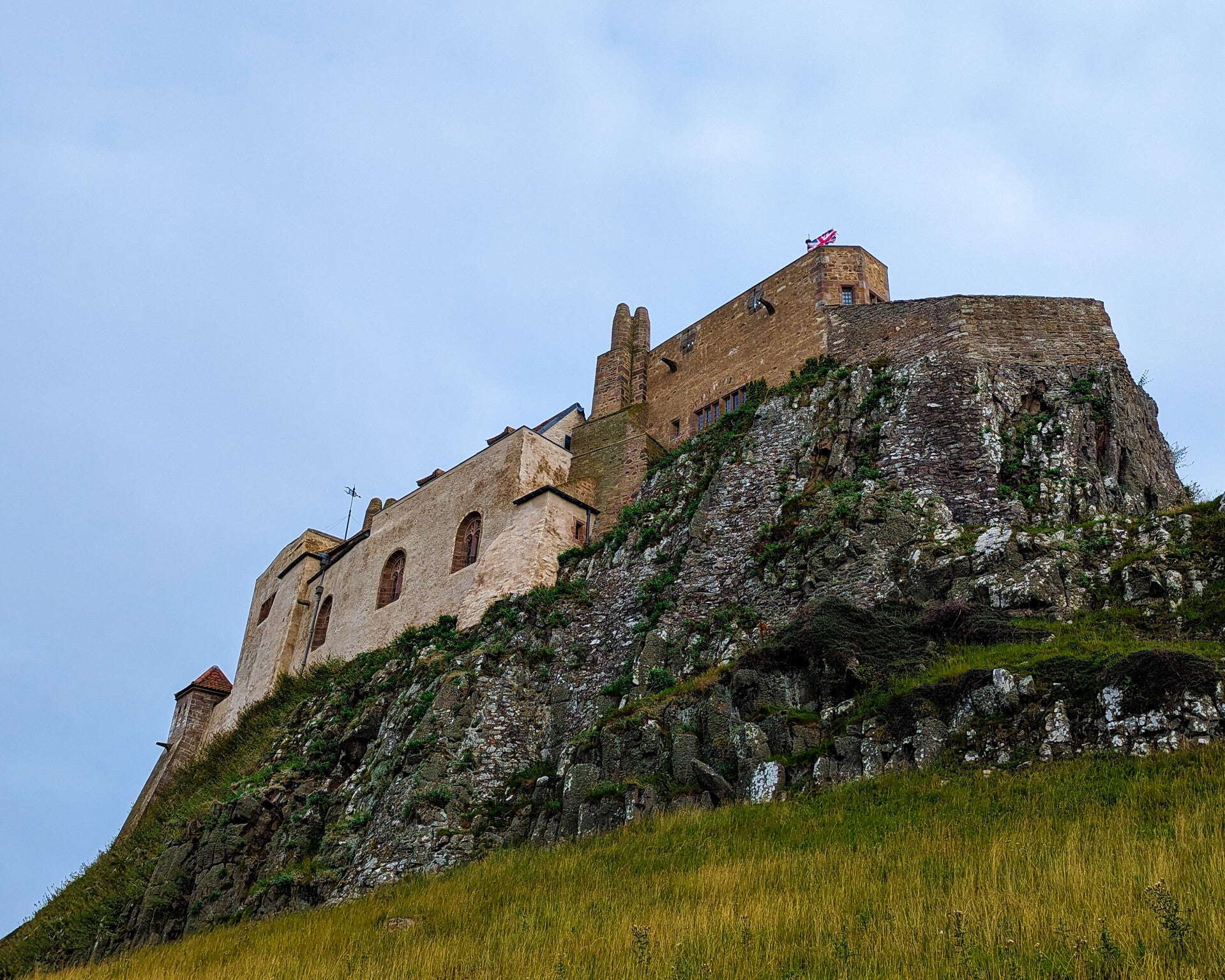 Lindisfarne Castle standing on its rocky crag on Holy Island, Northumberland