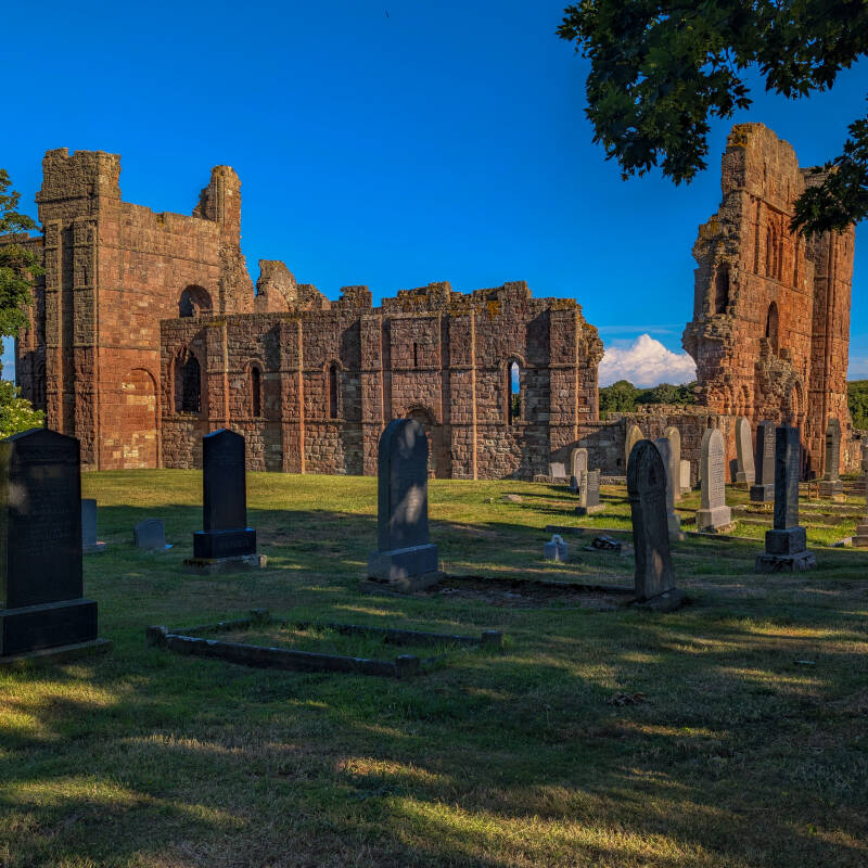 Lindisfarne Priory ruins and stone arches on Holy Island