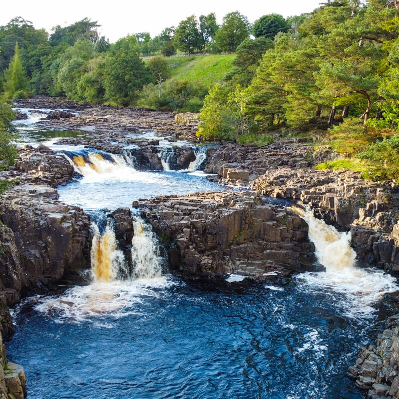 Low Force waterfall in Teesdale with stepped cascades on the River Tees near Bowlees Visitor Centre