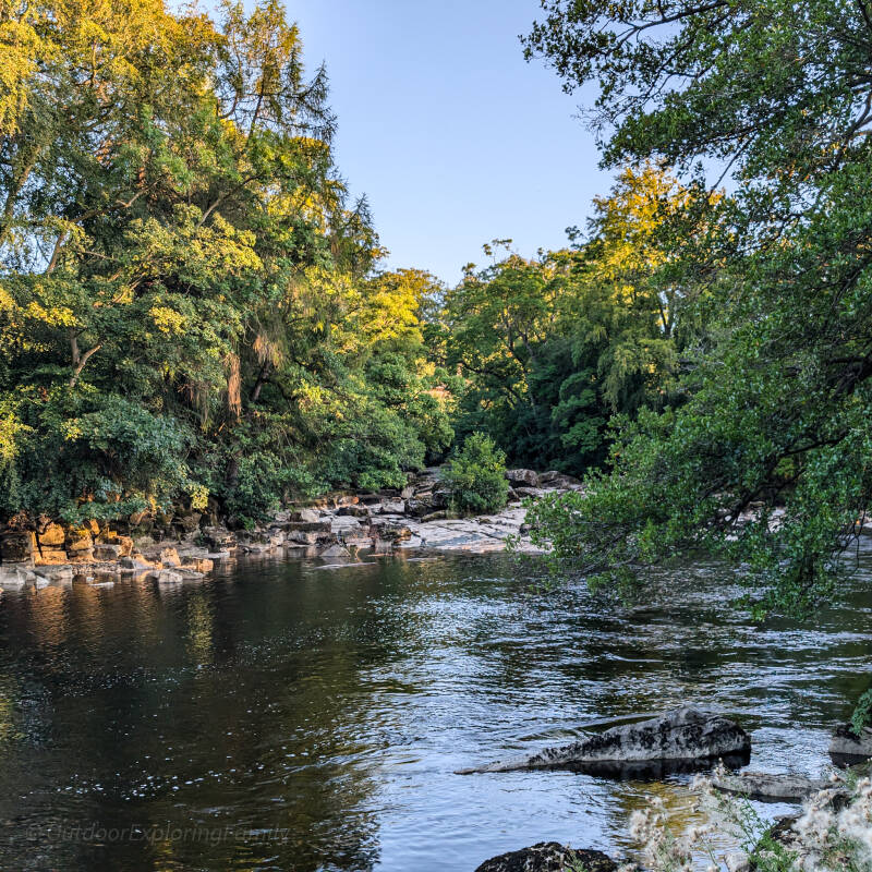 View across the River Tees from the north bank towards the Meeting of the Waters near Rokeby Park