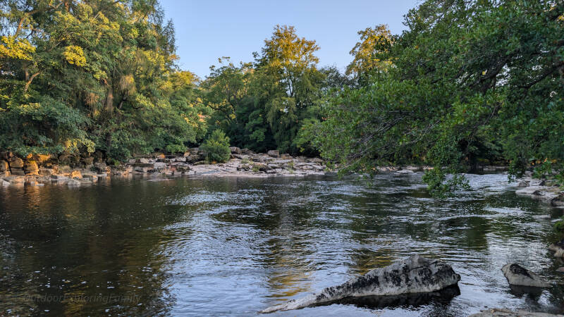 Wide view of the Meeting of the Waters from the north bank of the River Tees near Barnard Castle