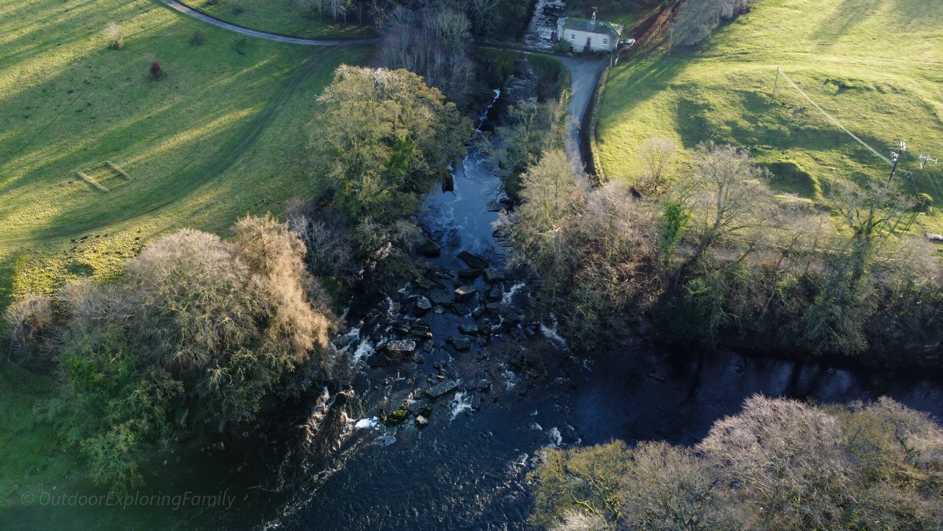 Ariel view of the meeting of the waters where the river Greta joins the river Tees in Teesdale