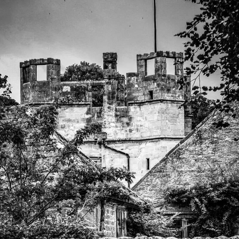 Black and white view of Mortham Tower at Rokeby near Barnard Castle, home of the Mortham Dobby ghost story.