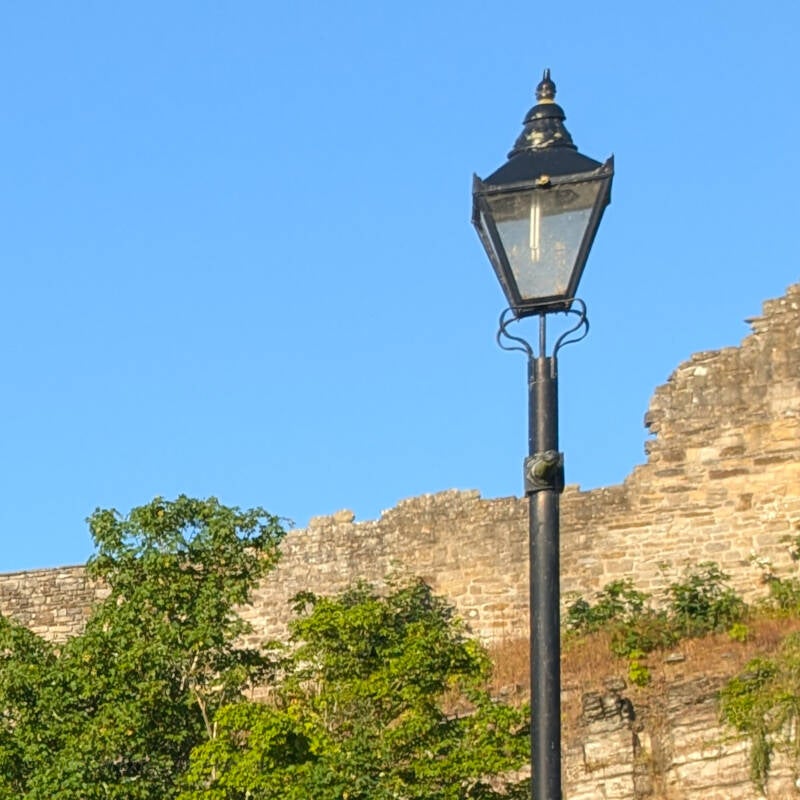 Old-style street lamp beside the ruins of Barnard Castle
