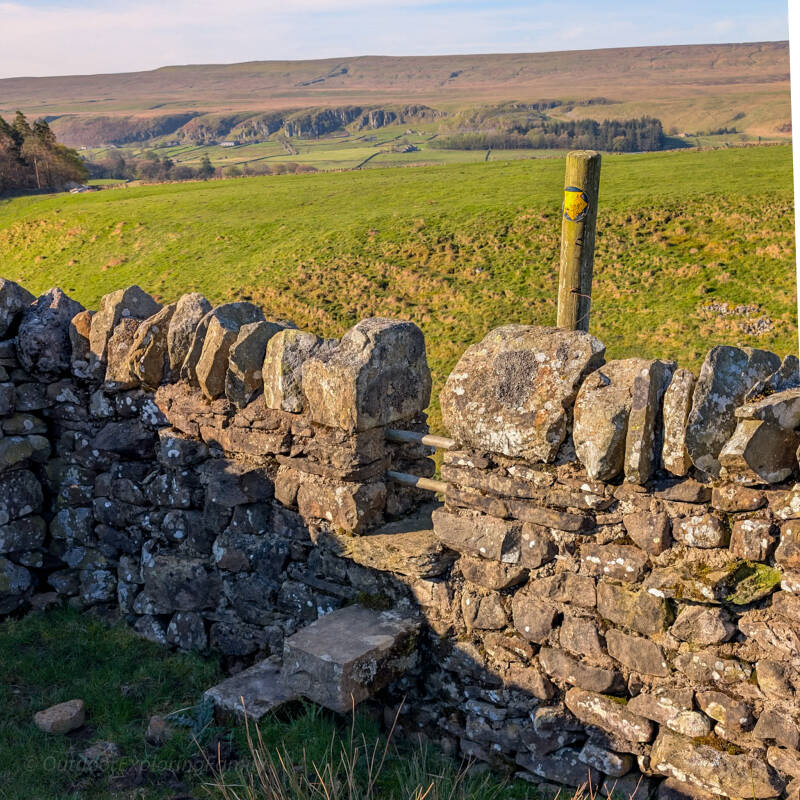 Open countryside and dry stone walls on Bowlees circular walk across Teesdale farmland landscape