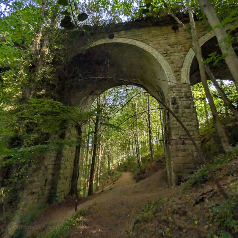 Woodland path passing beneath the arches of Percy Beck Bridge in Flatts Wood, Barnard Castle, a surviving railway structure from the South Durham and Lancashire Union Railway.
