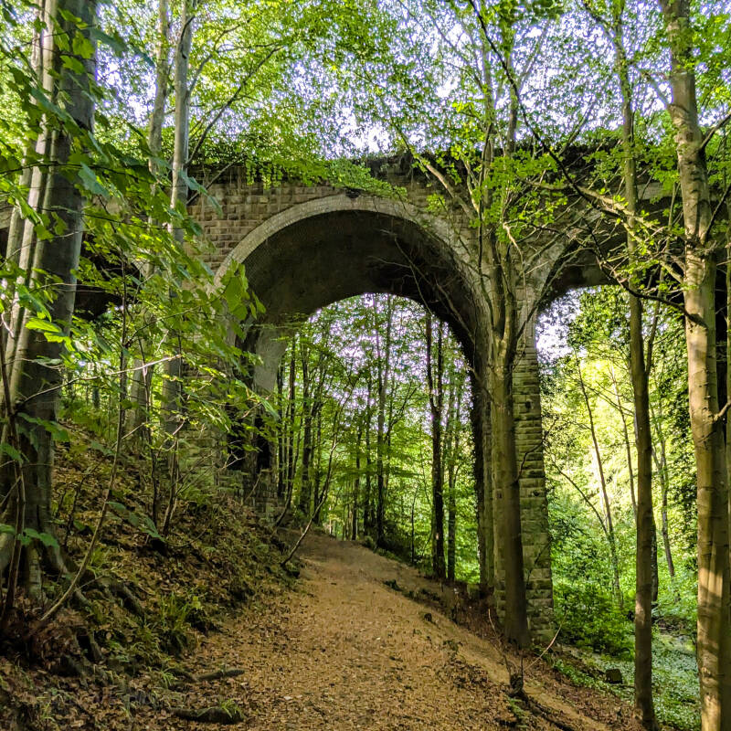 The arches of Percy Beck Bridge spanning the wooded ravine of Percy Beck in Flatts Wood, Barnard Castle.