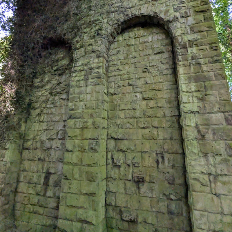 Stone buttresses and masonry details on Percy Beck Bridge in Flatts Wood, showcasing Victorian railway engineering near Barnard Castle.
