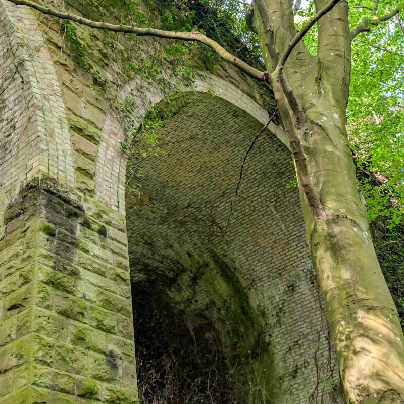 Yellow brick arch beneath Percy Beck Bridge, highlighting the Victorian construction of this historic railway bridge in Barnard Castle.