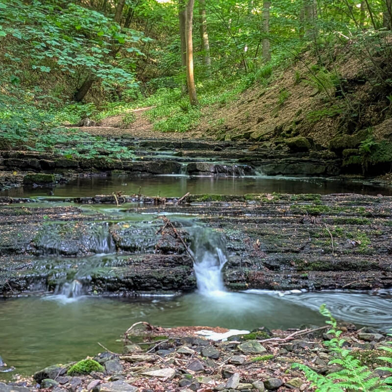 Small waterfalls and rocky cascades on Percy Beck in Flatts Wood, Barnard Castle, hidden amongst the woodland below the railway viaduct.