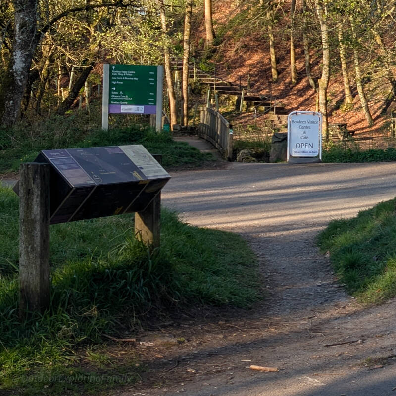Entrance to Bowlees Visitor Centre with sign and path leading towards Low Force waterfall