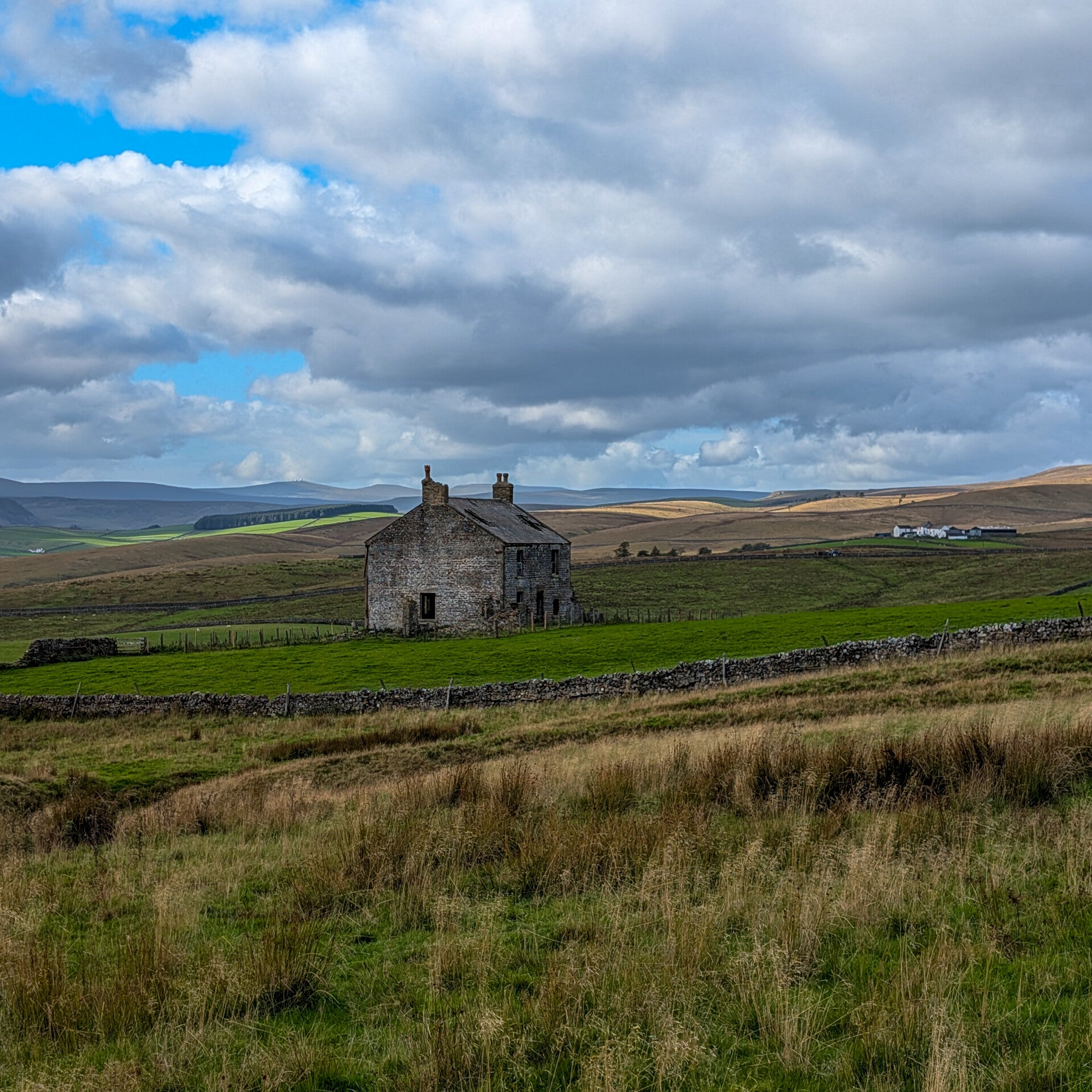 Abandoned Red Grooves House viewed across the fields above Newbiggin in Upper Teesdale, with a drystone wall in the foreground and hills beyond.