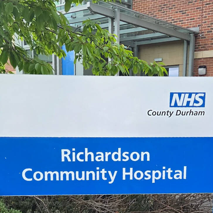 Richardson Community Hospital sign in Barnard Castle, showing the continued local legacy of Robert Taylor Richardson.
