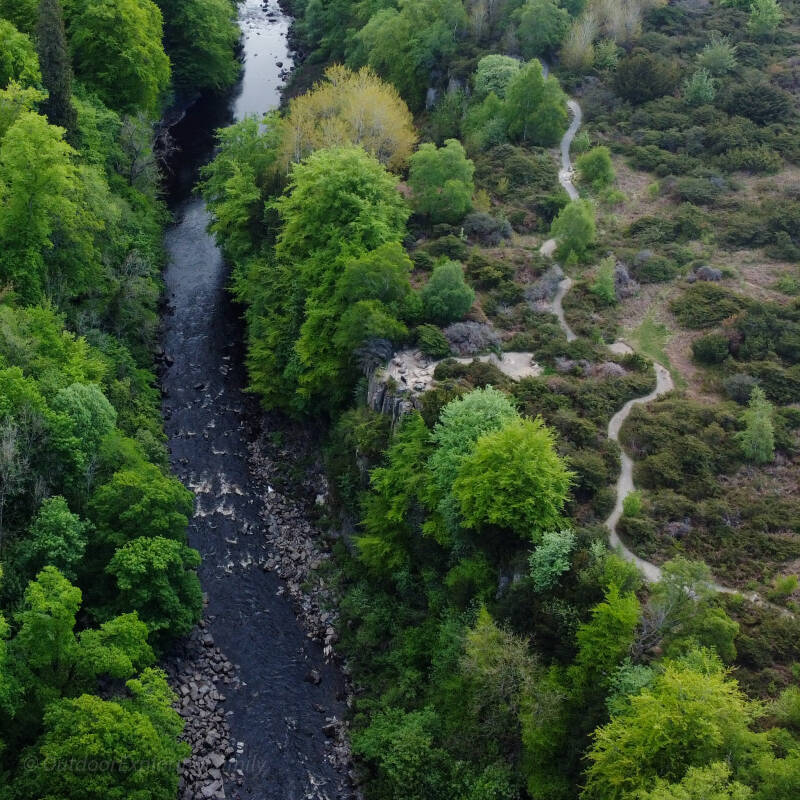 River Tees winding through Upper Teesdale showing the walking route between Low Force High Force and Bleabeck Force