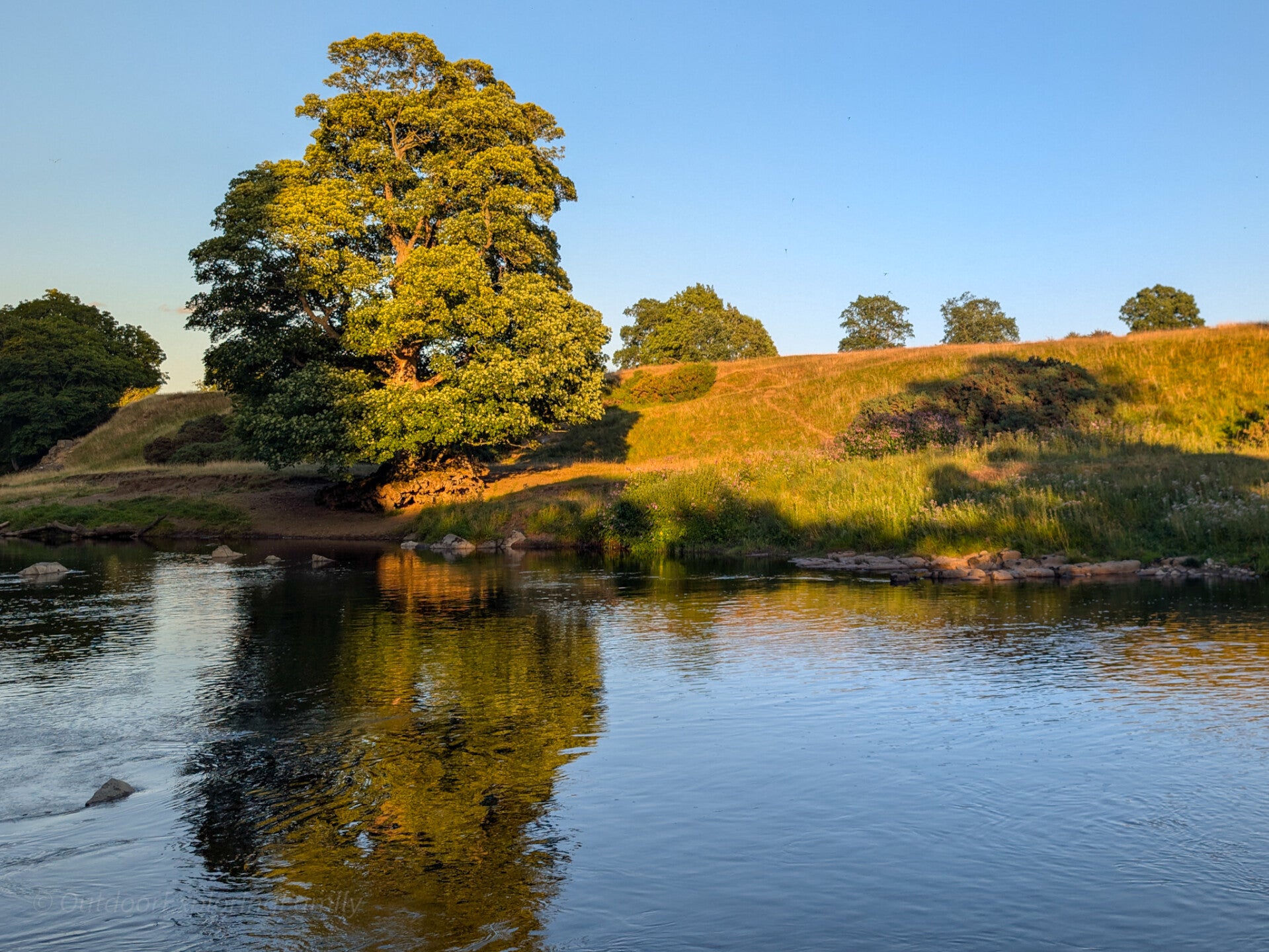View across the River Tees from the north bank near Rokeby Park on the Meeting of the Waters walk