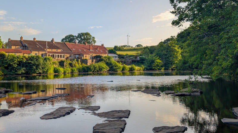 Wide view across the River Tees from Whorlton towards Wycliffe and the old Boot and Shoe Inn crossing