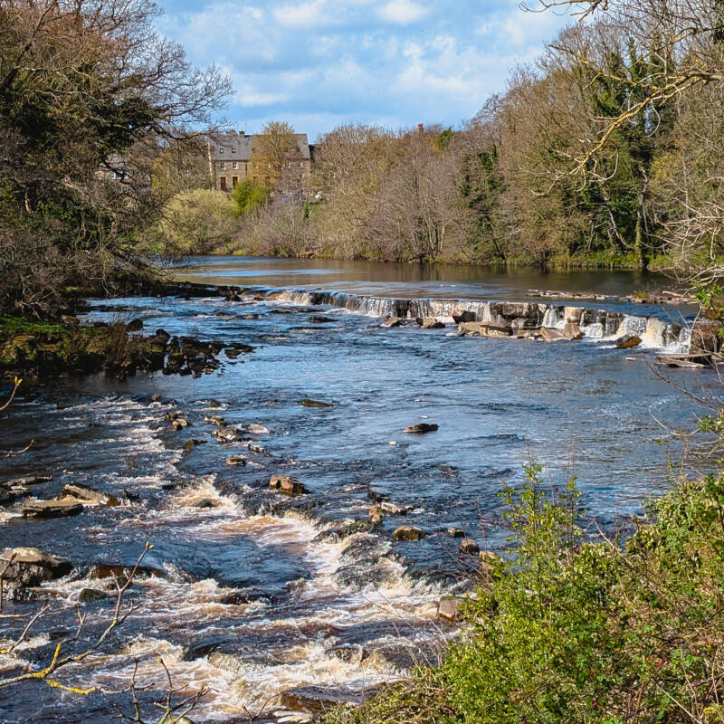 River Tees weir near Barnard Castle creating flowing water along the riverside walk