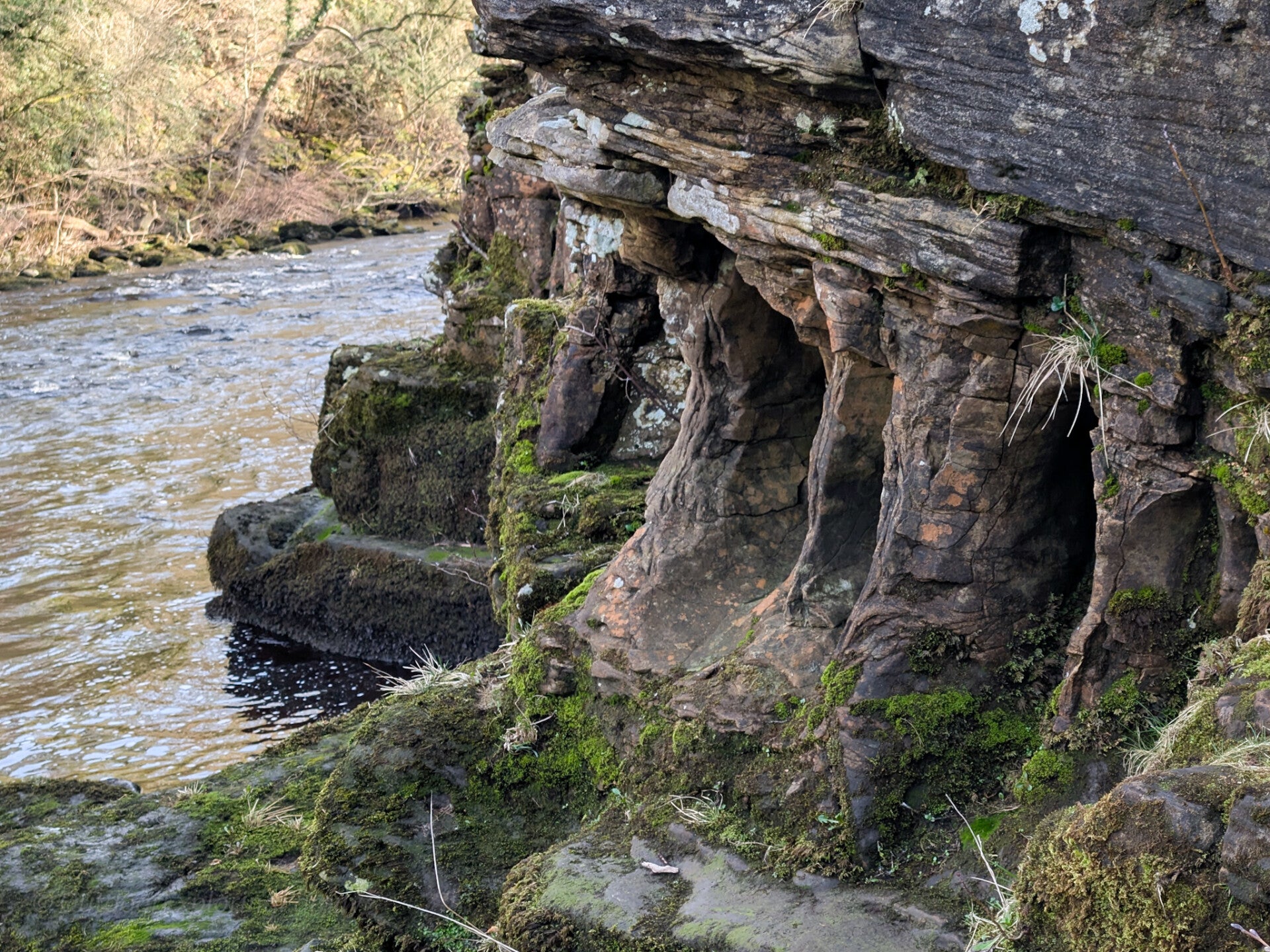 Fairy Cupboards rock formations on the River Tees near Romaldkirk, showing hollowed stone shapes along the riverbank
