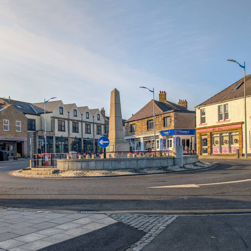 Seahouses village centre with shops around the main roundabout