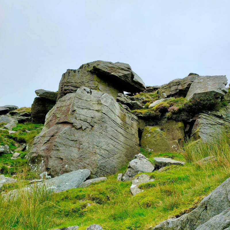 Large gritstone rock formations near the summit of Shacklesborough in Teesdale