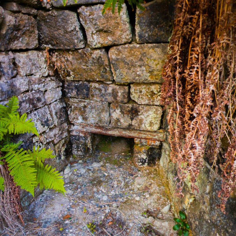 Small draw opening and surviving ironwork at the base of one of the Skears lime kilns.